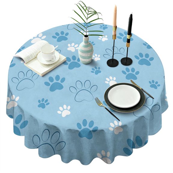 Blue Dog Paw Footprint Round Tablecloth 60"x60",Wrinkle Wipeable Table Cloth for Kitchen Dining Room Picnic Patio Party