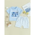 thumbnail image 2 of Suealasg Kids Baby Boys Summer Outfits 6M 1T 2T 3T Short Sleeve Letter Print T-Shirts Tops Elastic Waist Checkerboard Shorts 2Pcs Causal Beach Vacation Clothes for Toddler Boys, 2 of 9