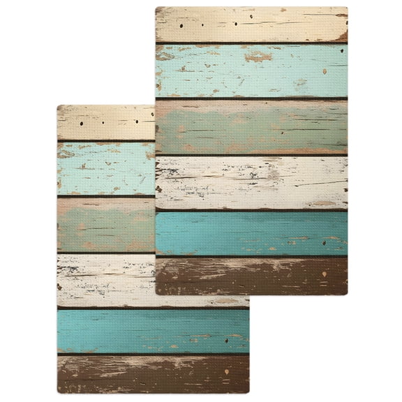Farmhouse Teal Brown Kitchen Dish Towels for Drying Dishes Set of 2, Vintage Ombre Wooden Waffle Weave Microfiber Hand Tea Bathroom Towels Quick Dry & Absorbent Towel 15.7x23.6
