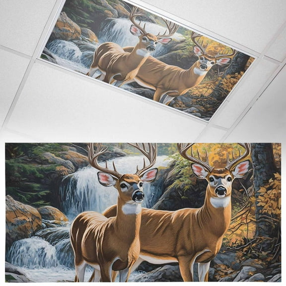 1 Pack Nature Forest Fluorescent Light Covers for Ceiling Lights Scenery Animal Deer Waterfall Plant Magnetic Ceiling Light Covers Overhead Light Filters for Office Classroom Home