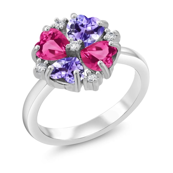 Gem Stone King 925 Sterling Silver Pink Created Sapphire and Blue Tanzanite Ring for Women (2.28 Cttw, Heart Shape 5MM, Gemstone September Birthstone, Size 6)