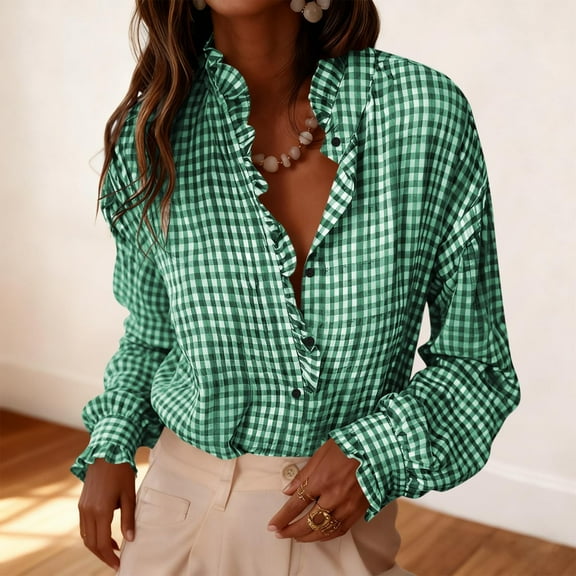 Hueook Plaid Shirts for Women's Classic Checkered Striped Button-Down Shirt with Roll-Up Sleeves and Turn-Down Collar Green S