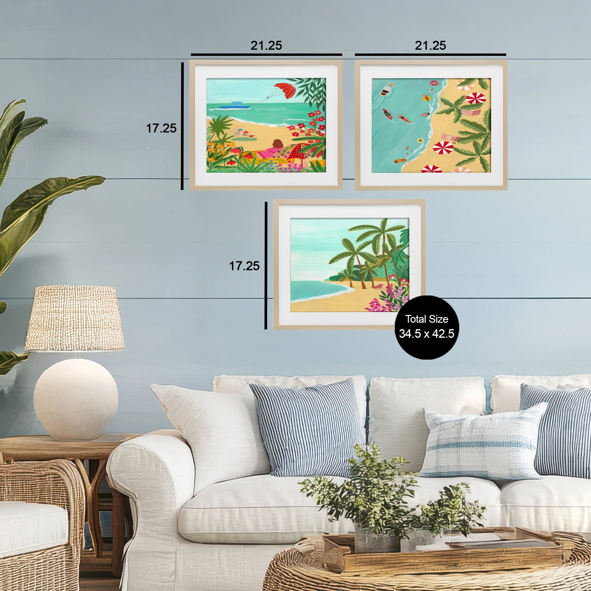 Busy Beach And Flowers 3 Piece Birch Framed Print Under Glass Set, design by Nabeela Rumi