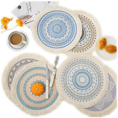 

IMMEKEY 4 Pack Round Cotton Placemats Woven Table Mat Heat Resistant Washable Kitchen Home Decor