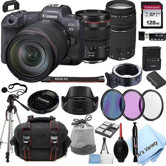 Canon EOS R5 Mirrorless Digital Camera with RF 24-105mm f/4L is USM Lens   75-300mm F/4-5.6 III Lens   128GB Memory   Case   Filters   Tripod 26pc Bundle (International Version)