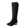 thumbnail image 6 of Black Lace Knee High Boots for Women Vintage Crochet Hollow out Stacked Chunky Mid Heel Wide Calf Tall Boots, 6 of 8