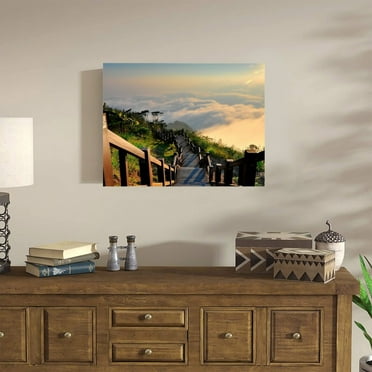 Misty Mountain Path Wall Art with Wooden Stairs and Cloud Sea – Framed 12x16 Nature Print for Serene Home, Office, or Meditation Corner Decor