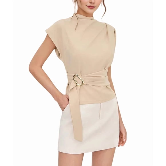 Women Buckle Tie Top Stand Collar Belted Short Sleeve Elegant Summer Casual Blouse Cream White S