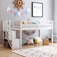 ModernLuxe Twin Wood Floor Loft Bed with Stairs and Storage Shelves