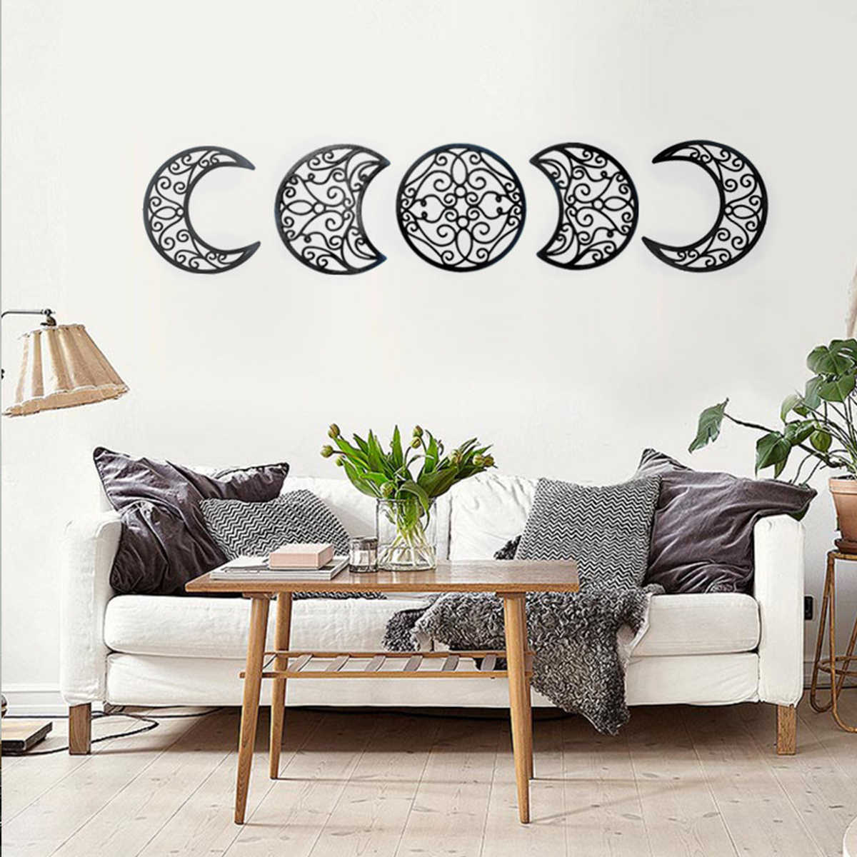 Everso 5Pcs Wooden Frame MoonPhase Wall Sticker,Moon Phase Wall Decorations,Wooden  Moon Phases Wall Hanging Home Decor Background Gift
