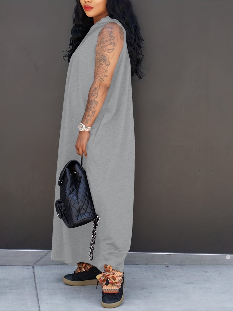 Women's Oversize Tshirt Dress Women Summer Sleeveless Maxi Dress with Pockets Hooded T-shirt Casual Dress Gray L