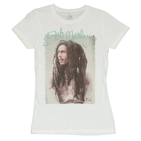 Bob Marley Girls Juniors T-Shirt - Cursive Name Above color Dreadlock Photo Pic