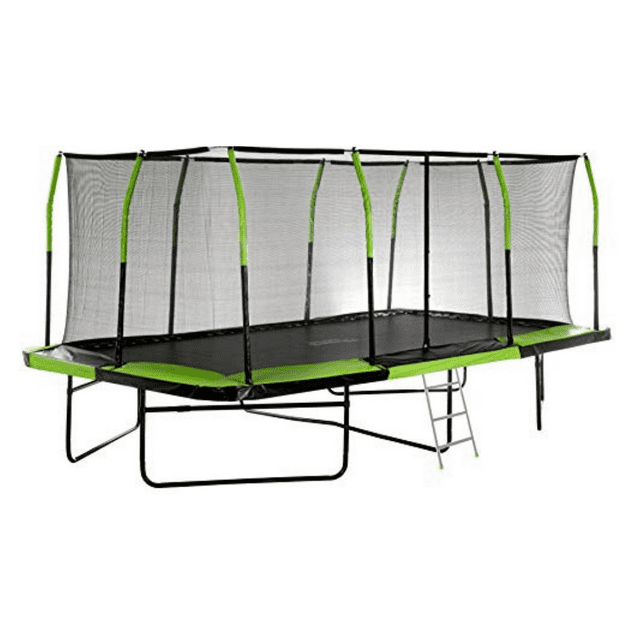 Outdoor Heights Rectangular Kids Trampoline with Safety Net & Fiber Flex Enclosure Ring & Bonus Ladder - 10ft x 17ft