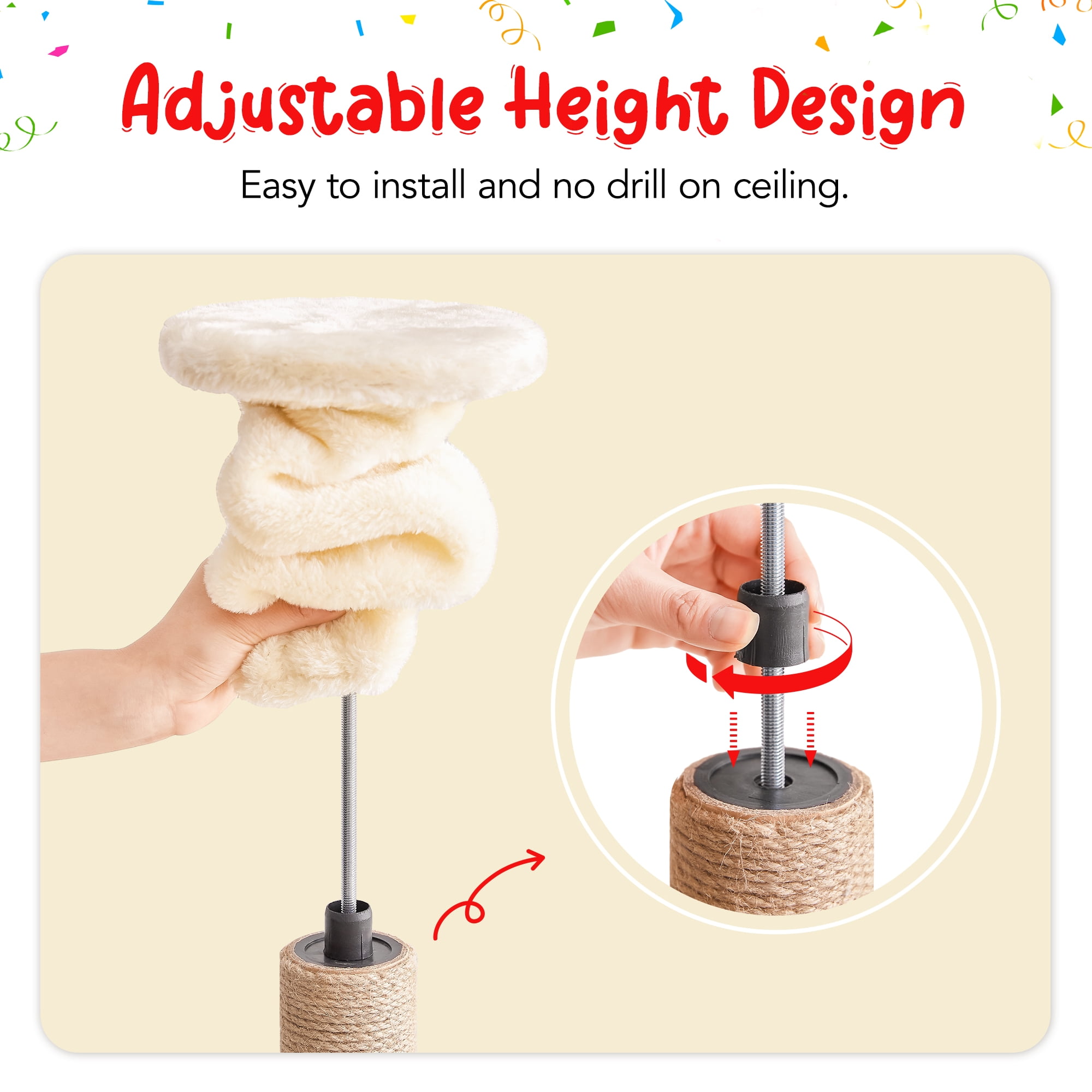 Furcato Cat Tree, Floor to Ceiling Cat Tower Adjustable Height [92.9-102.4 in=235-258cm], 7 Tiers Cat Climbing Play House with Fully Sisal Scratching Post, Beige