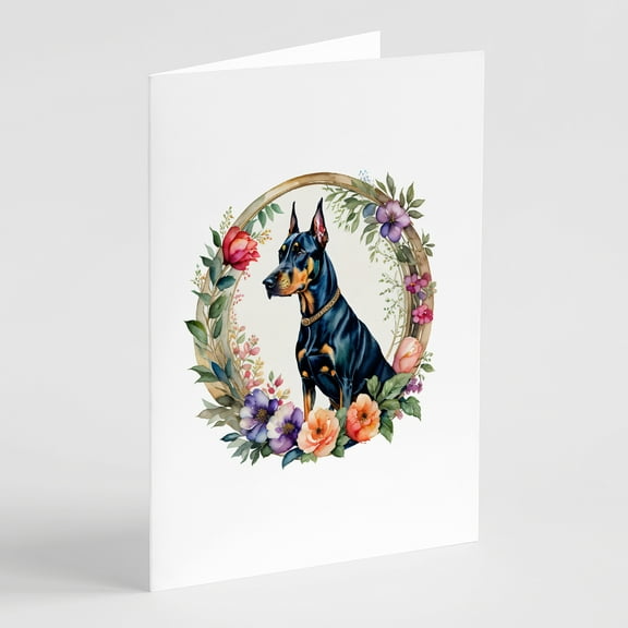 Doberman Pinscher and Flowers Greeting Cards and Envelopes Pack of 8 7 in x 5 in