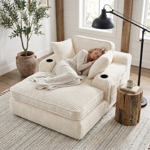 EOP 67'' Modern Oversized Chaise Lounge Chair Indoor, Plush Boneless Cloud Couch with Side Pockets & Cup Holders, Comfy Corduroy Sleeper Couch with Removable Pillows for Living Room, Beige