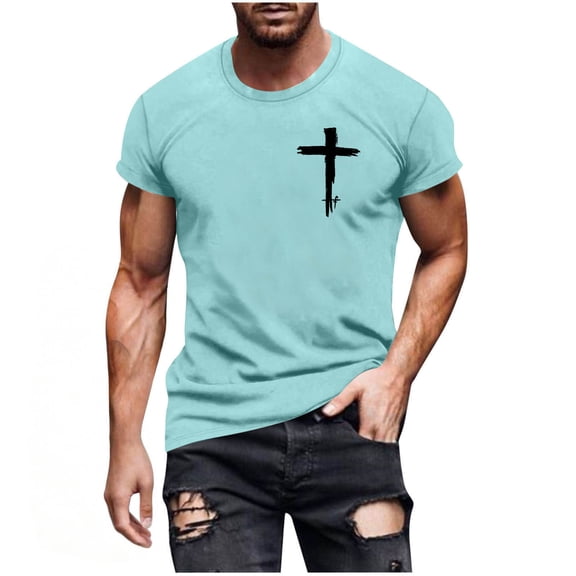 GUZOM Mens Graphic T-Shirt with Cross Print - Slim Fit Short Sleeve Tee in Light Blue, Comfortable Stretch Polyester Spandex Casual Top,Size L