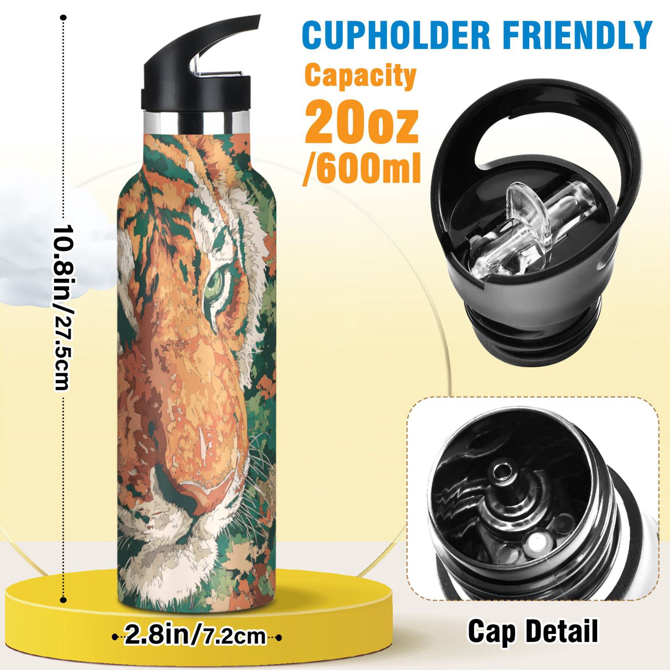 600ML Stainless Steel Insulated Cup Sports Water Bottle Portable Thermos Cup Water Glasses Insulated Tumblers Convenient and Durable Cartoon Orange Tiger