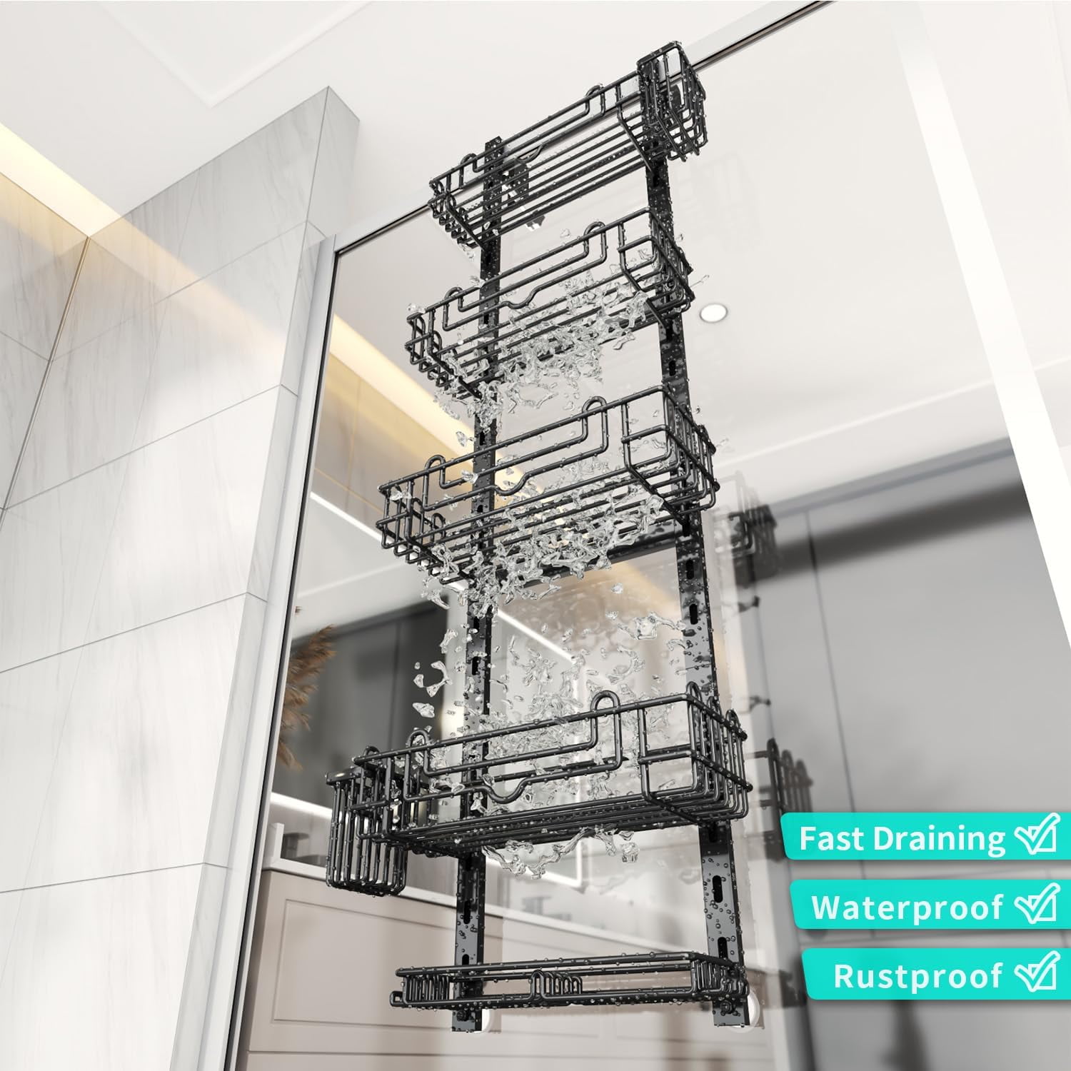 5 Tier Over the Door Shower Caddy, Hanging Shower Caddy with 28 Hooks and 2 Toothbrush Holders, No Drilling Adjustable Hanging Bathroom Organizer - Black