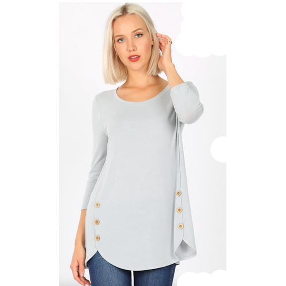 FDPlus Long Sleeve Scoop Neck w/Accent Buttons Dolphin Hem Top