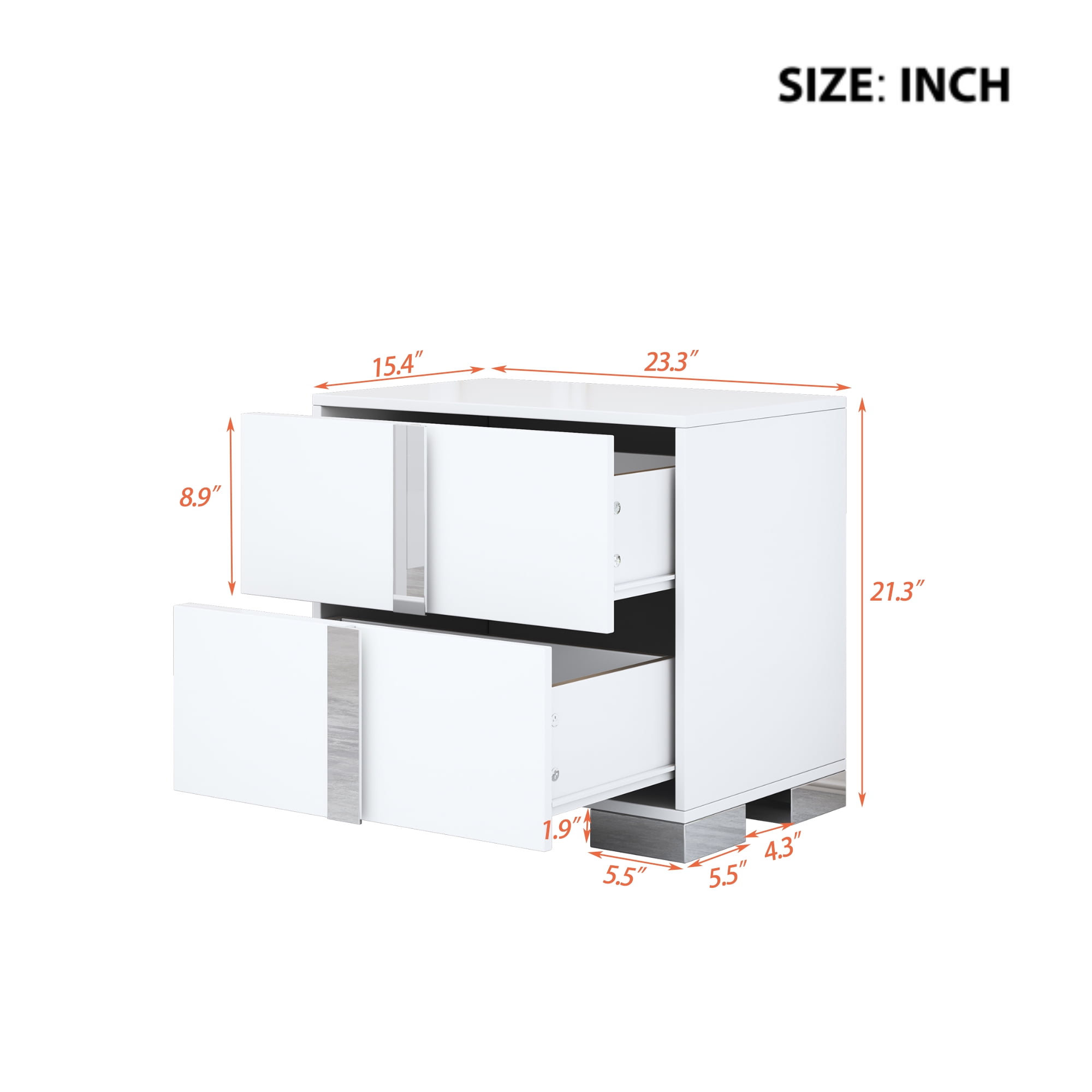 Euroco Wooden Nightstand with 2 Drawers & Metal Foot,Mirrored Bedside Table for Bedroom, Living Room,White