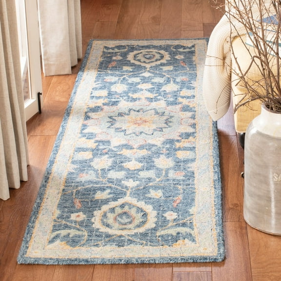 SAFAVIEH Blossom Vithya Floral Bordered Wool Runner Rug, Navy/Multi, 2'3" x 8'