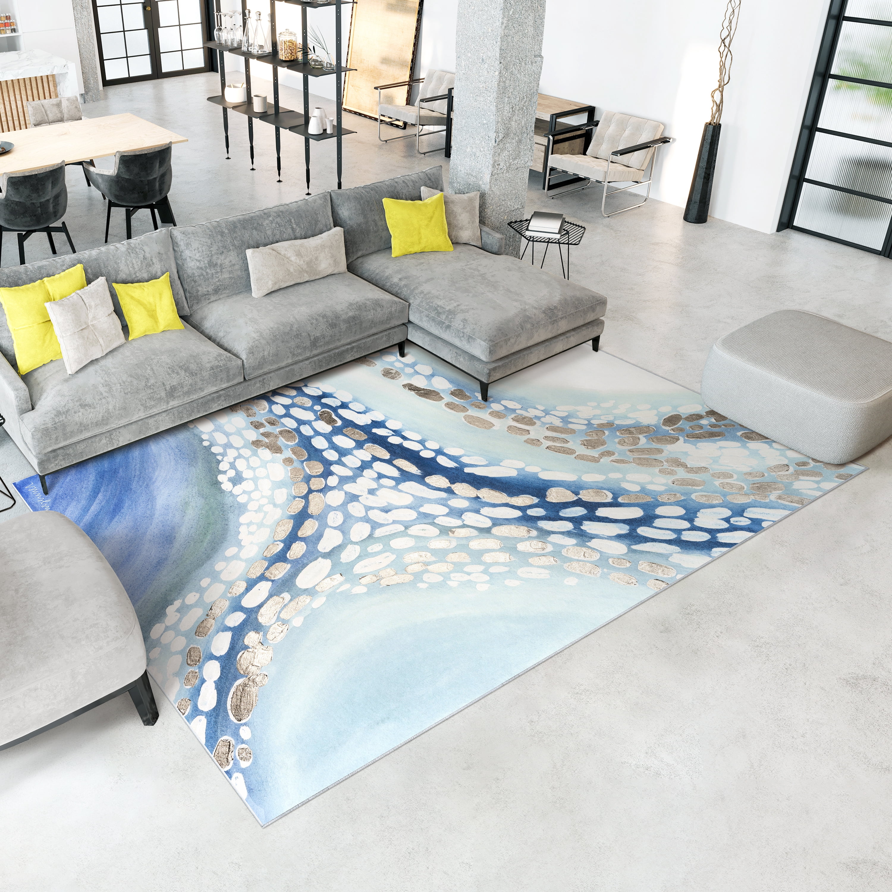 Teeming II Washable Abstract Blue Art Area Rug size 8'x10', Power-loomed, Heavenly Softness with Non-Slipping Backing