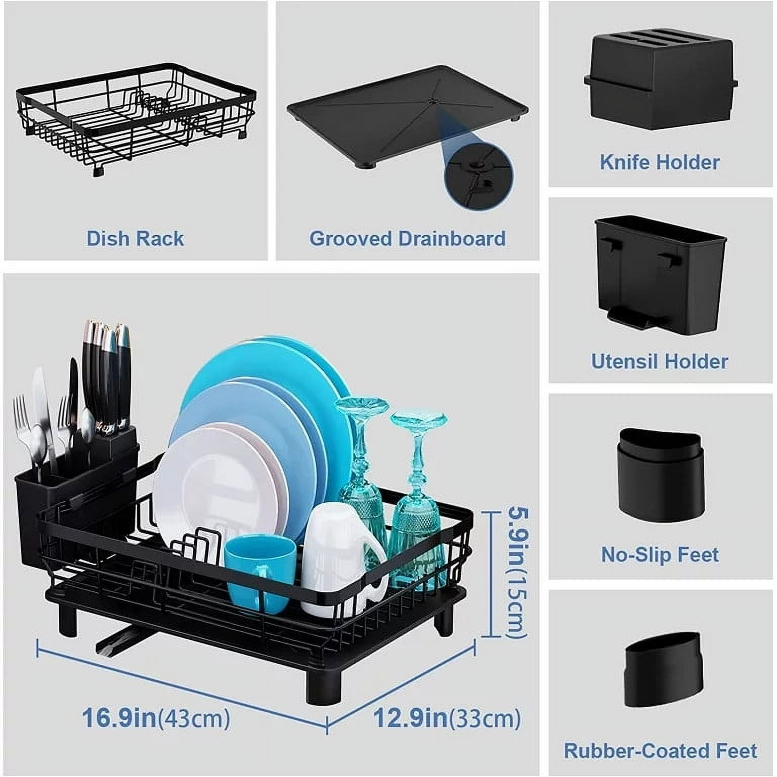 Dish Rack Dish Drainers for Kitchen Counter, Dish Drying Rack Drain Set with Utensil Holder, Drain Board Set with Drainage, Kitchen Dishes Storage and Organizers