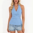 thumbnail image 2 of Women's 2026 Summer Halter Wrap Tops Sleeveless V Neck Ruched Tie Fitted Racerback Trendy Going Out Tops Halter Wrap Top with Side Ring Light Blue XXL, 2 of 9