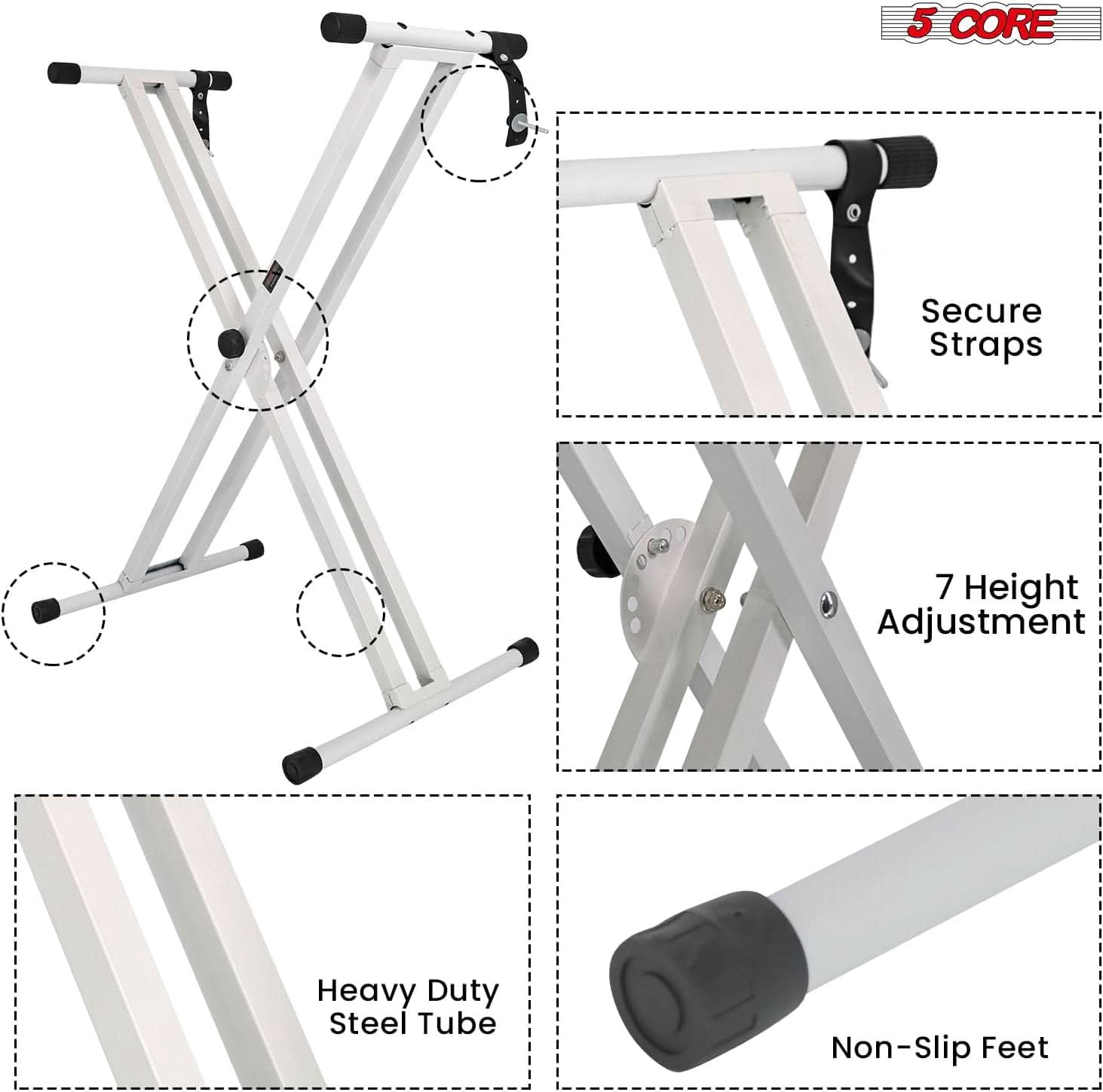 5Core Keyboard Stand Double X Style Adjustable Piano Riser + Keyboard Piano Bench WHITE