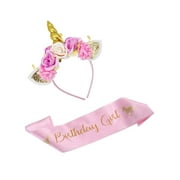 LaRibbons Unicorn Birthday Girl Set of Gold Unicorn Headband and Pink Satin Sash Birthday Party Supplies Favors Decorations