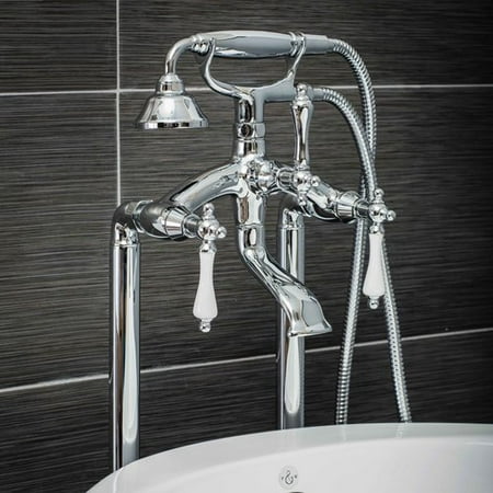 Pelham & White Luxury Clawfoot Bathtub or Freestanding Tub Filler Faucet, Vintage Design with Telephone Style Hand Shower, Floor Mount Installation, Porcelain Handles, Polished Chrome