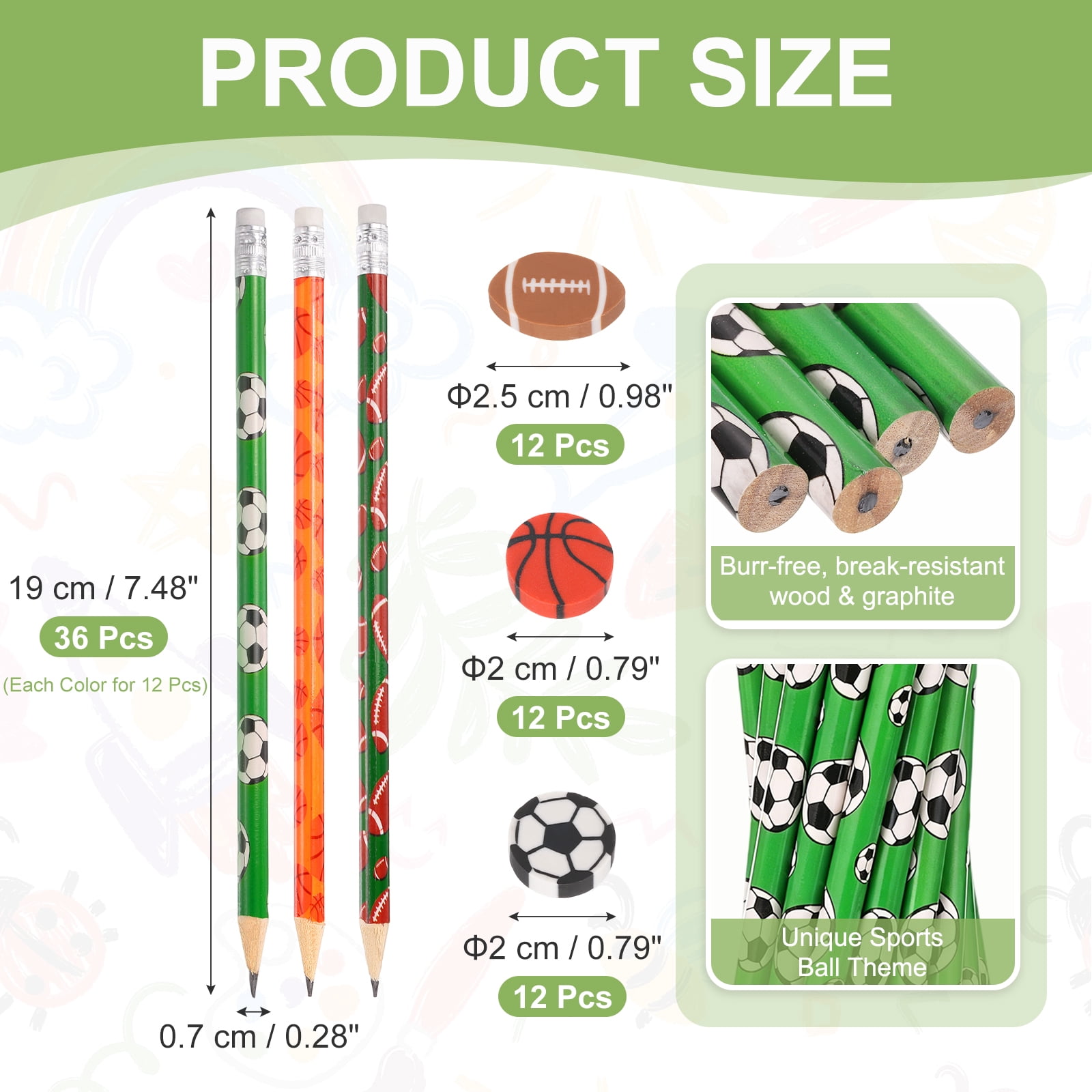 Uxcell Sports Pencils with Eraser, 36 Pcs Fun Cute Wooden Pencils 36 Pcs Sport Ball Erasers Football/Basketball/Rugby Theme for Party Favors Classroom Reward