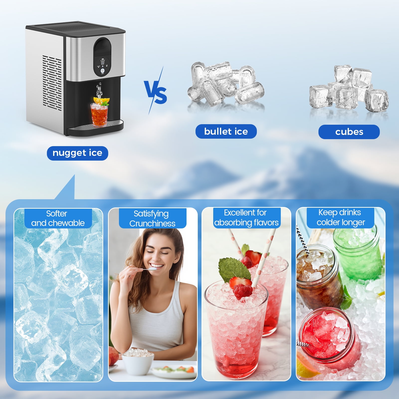 KNDKO Nugget Ice Maker Make Ice Efficiently, Be Ready For Ice Available In 15-20 Mins For 1-2 Cups Of Drink And Make 44 Lbs Ice In 24 Hours, Perfect For Family Party Or Office