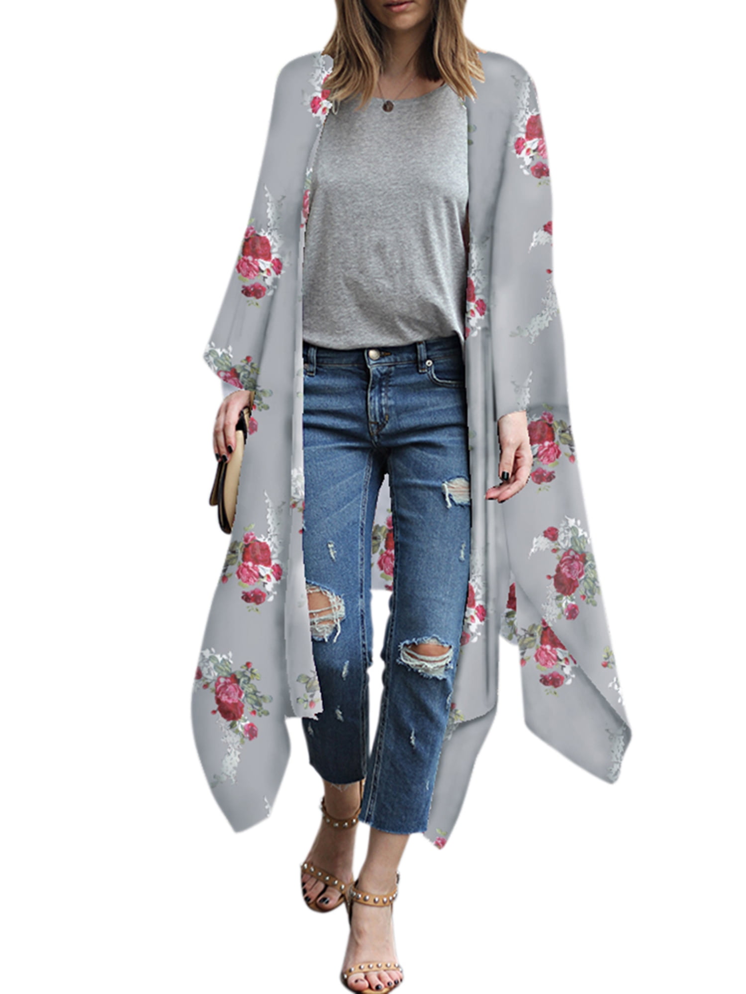 STYLEWORD Women's Loose Floral Print Chiffon Kimono Cardigan Sheer Capes Casual Tops Beach Cover Ups 