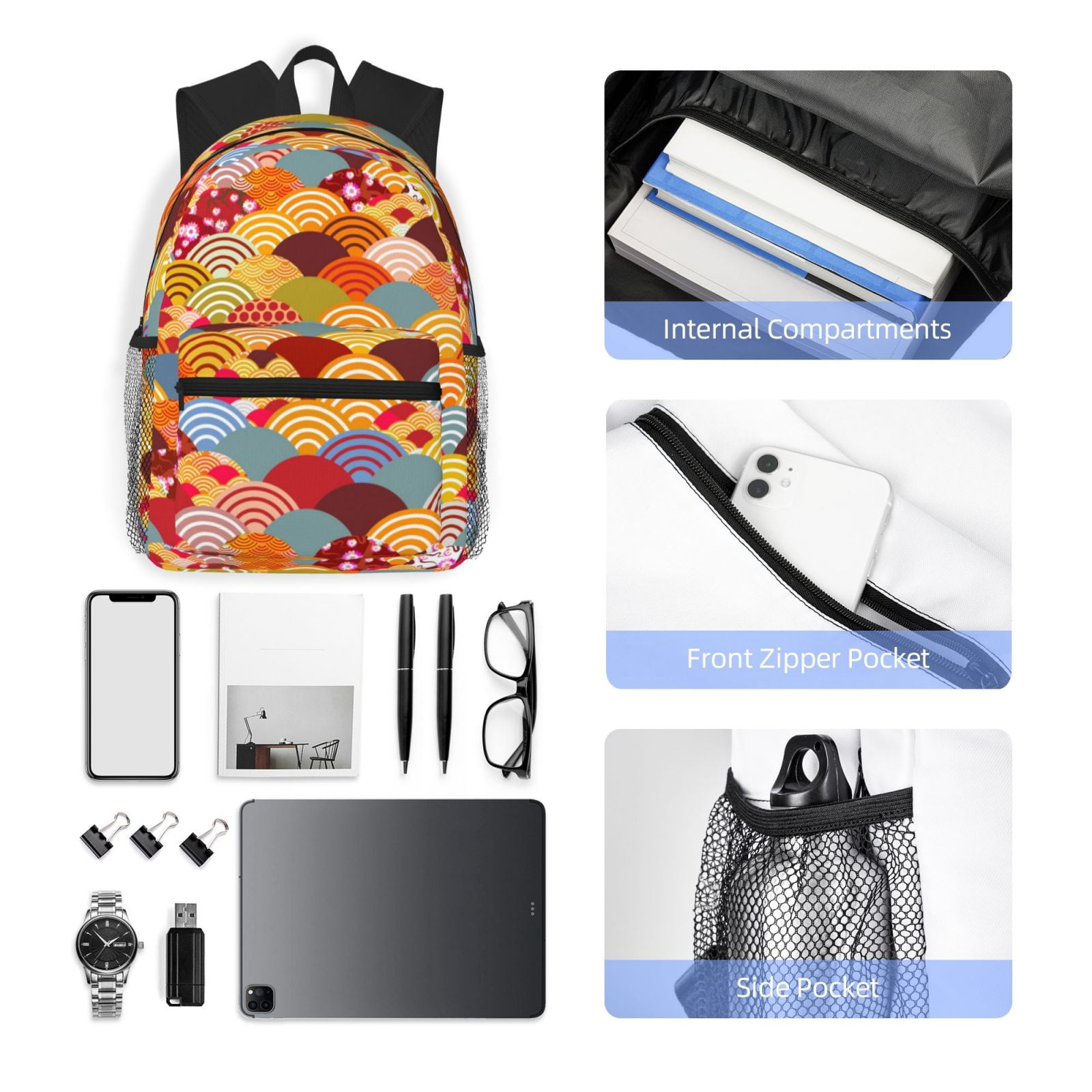 Gukieu Japanese Style Fish Scales Print Backpack, Waterproof Backpack with Adjustable Shoulder Straps, Suitable for Campus, Business, Travel, Unisex