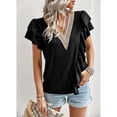 thumbnail image 2 of Camisa de manga corta para mujer, cuello en V profundo, empalme de encaje con volantes, Color puro, Top informal suelto de manga corta para mujer para verano, 2 of 6