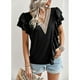 thumbnail image 2 of Camisa de manga corta para mujer, cuello en V profundo, empalme de encaje con volantes, Color puro, informal, suelta, Top de manga corta para mujer para verano, negro L, 2 of 6
