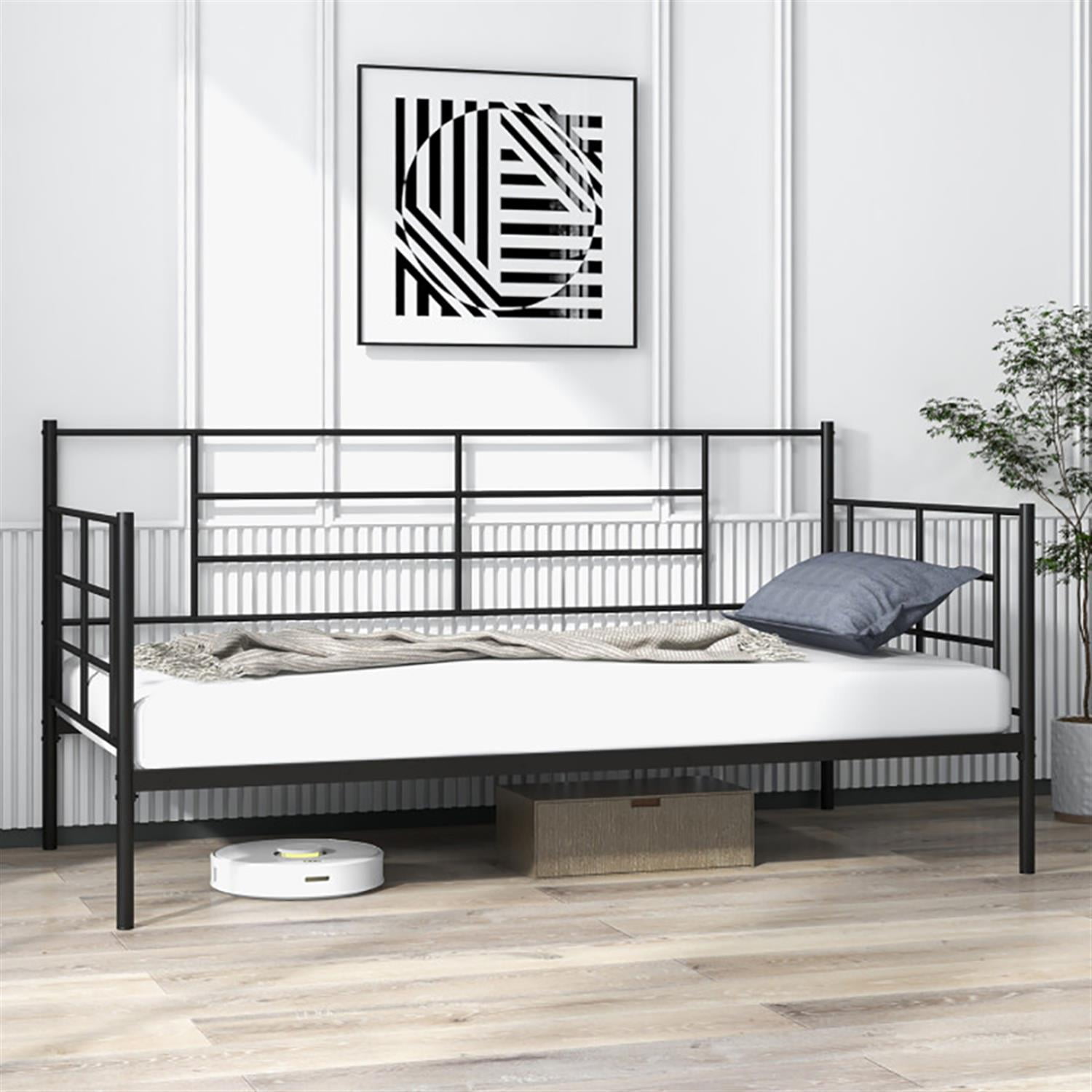 Demi Bonn Twin Size Metal Daybed Sofa Bed Frame with Armrests and Backrest, Modern Bed Frame for Teens, Black