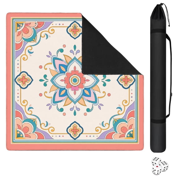 Mahjong Mat 31.5" x 31.5" Coral Mandala Floral Border Non-Slip Noise Reduction Mahjong Tiles for Dominoes Poker Card Board Games
