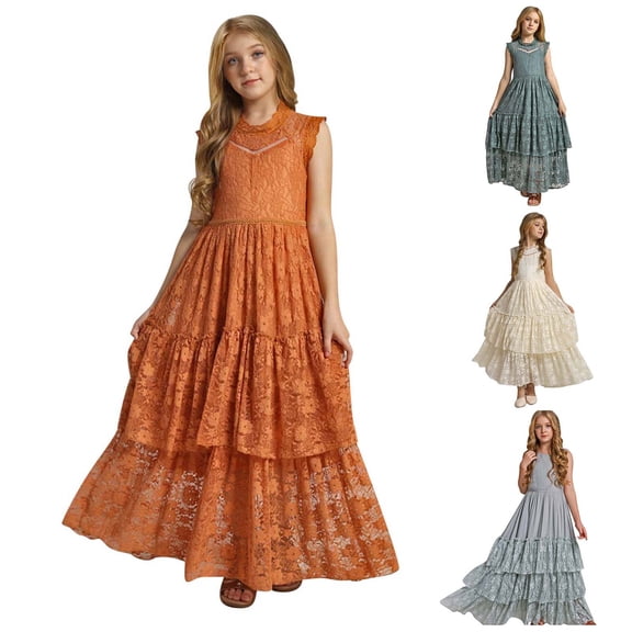 Trendfront Girls Evening Gown Long Sleeveless Collared Floral Lace Tiered Ruffle Layer Holiday Outfits Birthday Party
