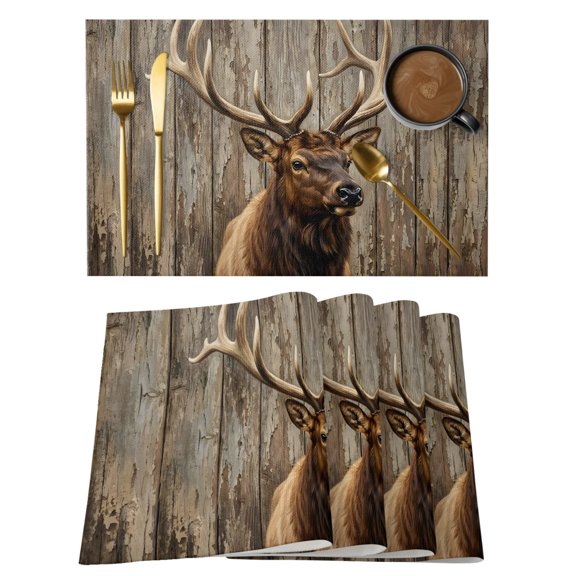 Brown Elk Placemats Set of 2 Farmhouse Wood Grain Background Vintage Heat Insulation Washable Place Mats, Non-Slip Table Mats for Dining Table Party Kitchen Decor, 13x19 Inch