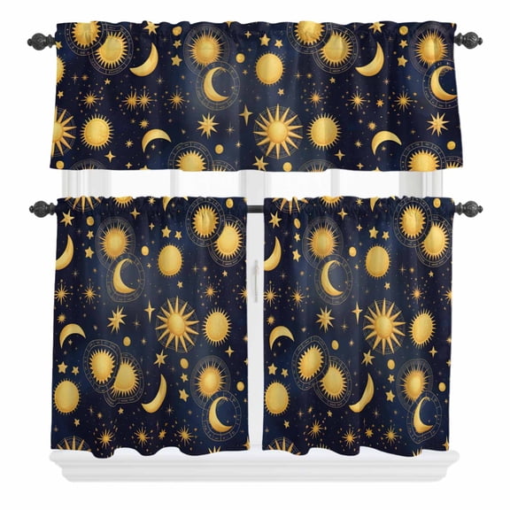 3 Pieces Kitchen Curtains and Valances Set Tier Curtains Yellow Star Moon Short Curtain Rod Pocket Window Curtain Panels Fantasy Galaxy Starry Night (Single Panel 54"x18",2 Tiers 24"x36")