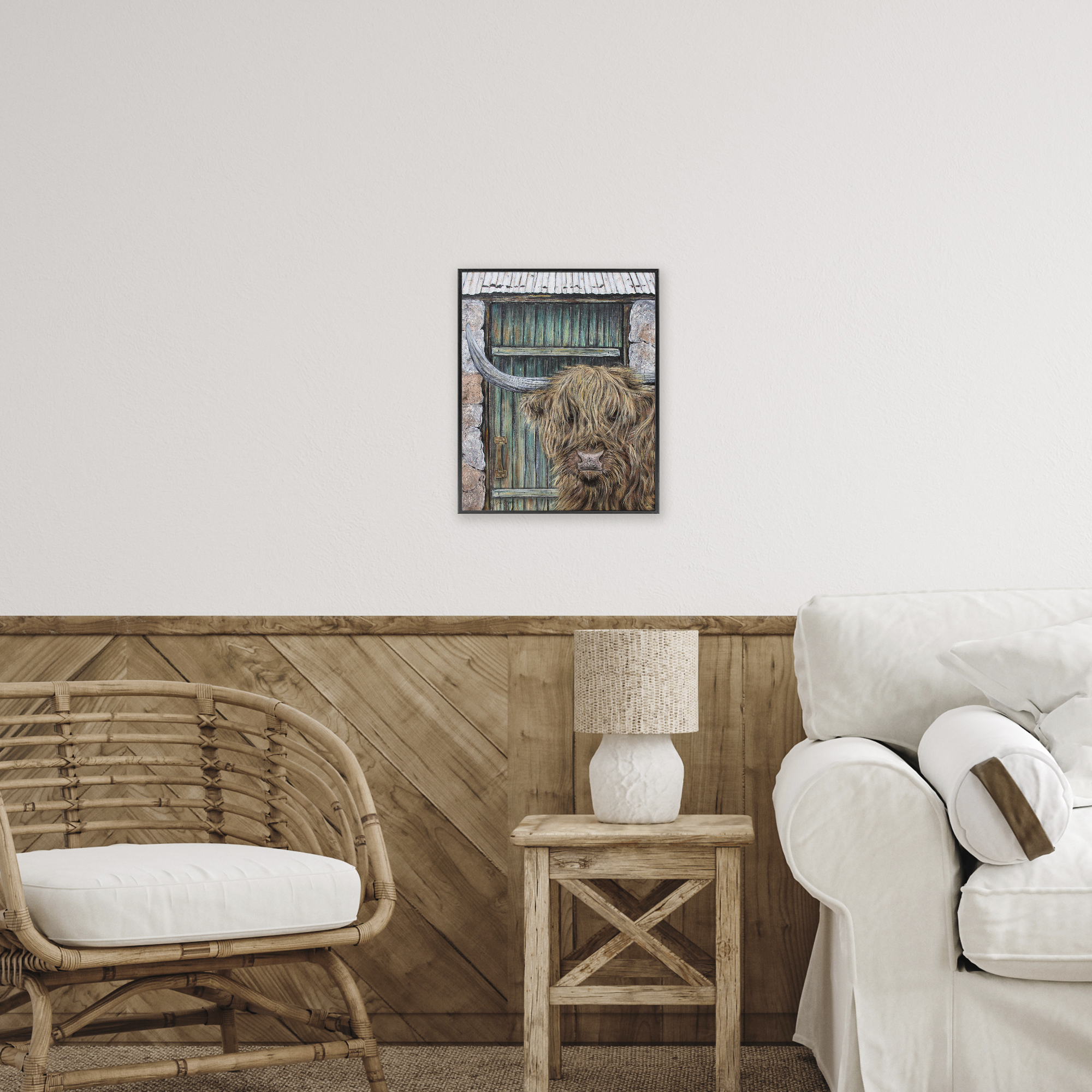 Highland Cow by Barn Door Black Framed Giclee Art, design by Jean Plout