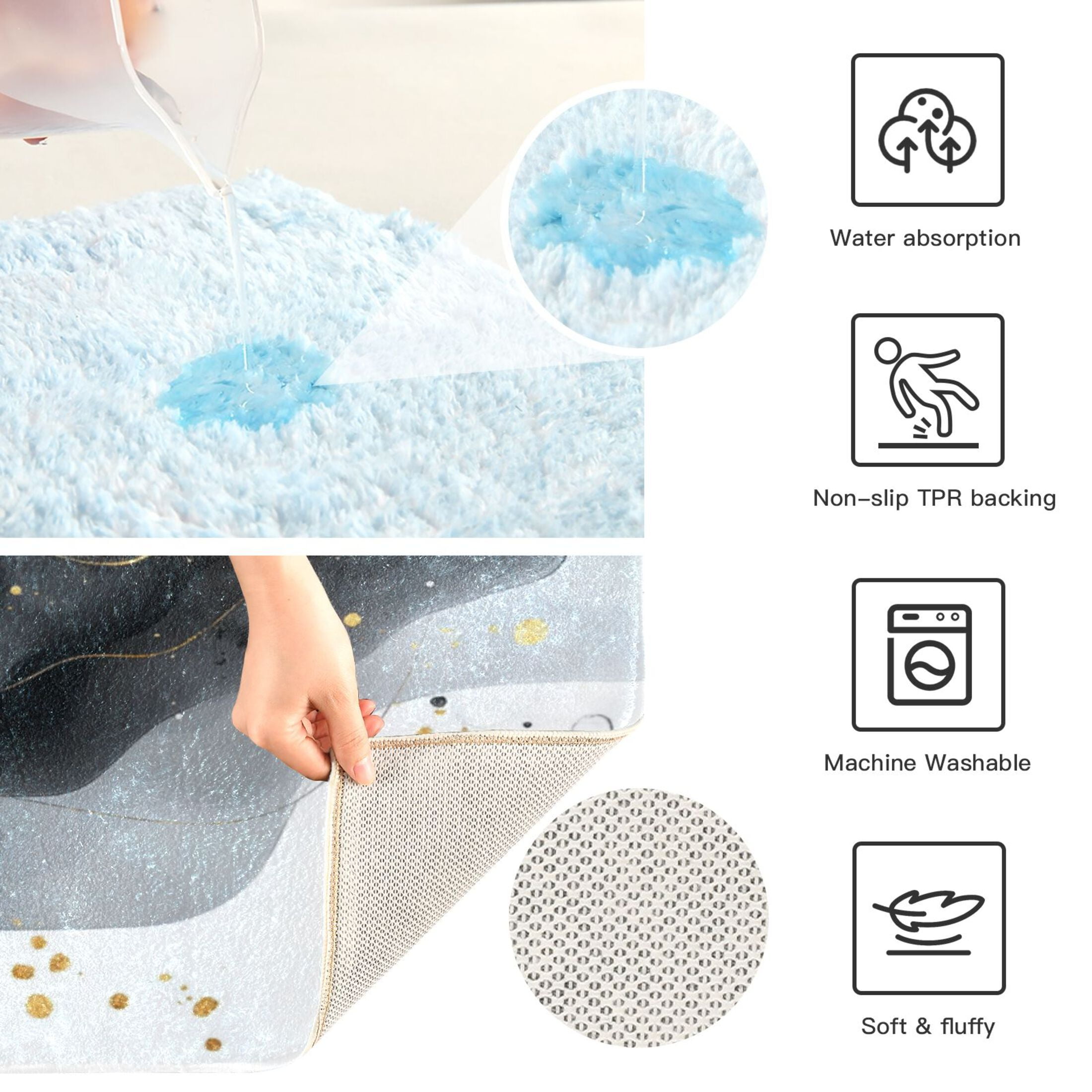 2 Piece Soft Bathroom Rug Set Black and Gold Shapes Bath Mat and U-Shaped Toilet Contour Rug (16"x24"+20"x24")