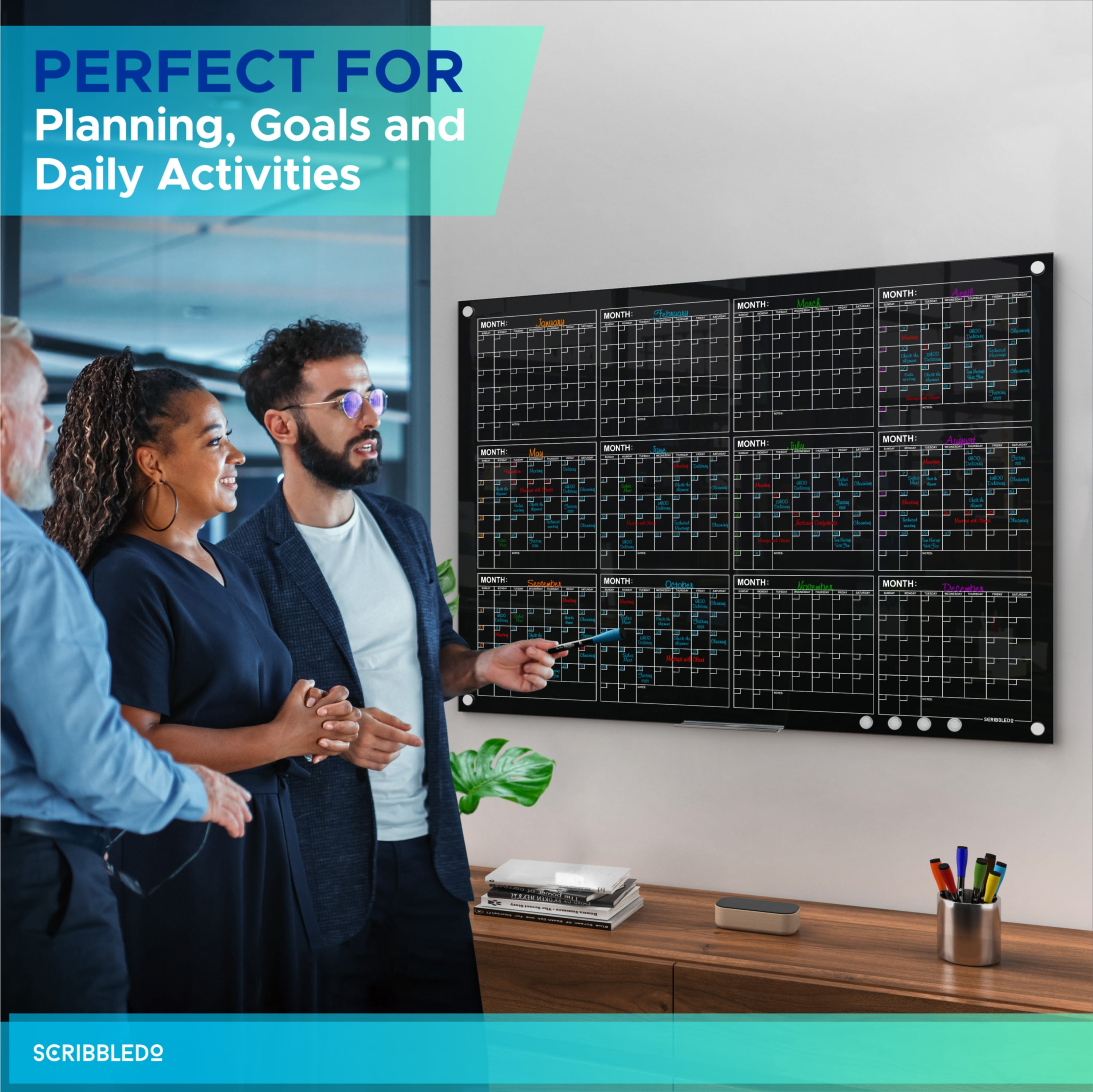 Black Magnetic 34”x46” Glass Whiteboard Yearly Calendar Planner White Board Calendar Dry Erase Board Dry Erase Calendar for Wall Monthly Glass Calendar Whiteboard Home Office Large Wall Calendar