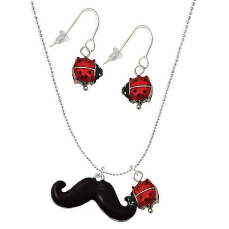 Delight Jewelry Silvertone Large Black Enamel Mustache Red Lucky Ladybug Necklace and Dangle Earrings Set Delight Jewelry Silvertone Large Black Enamel Mustache Red Lucky Ladybug Necklace and Dangle Earrings Set