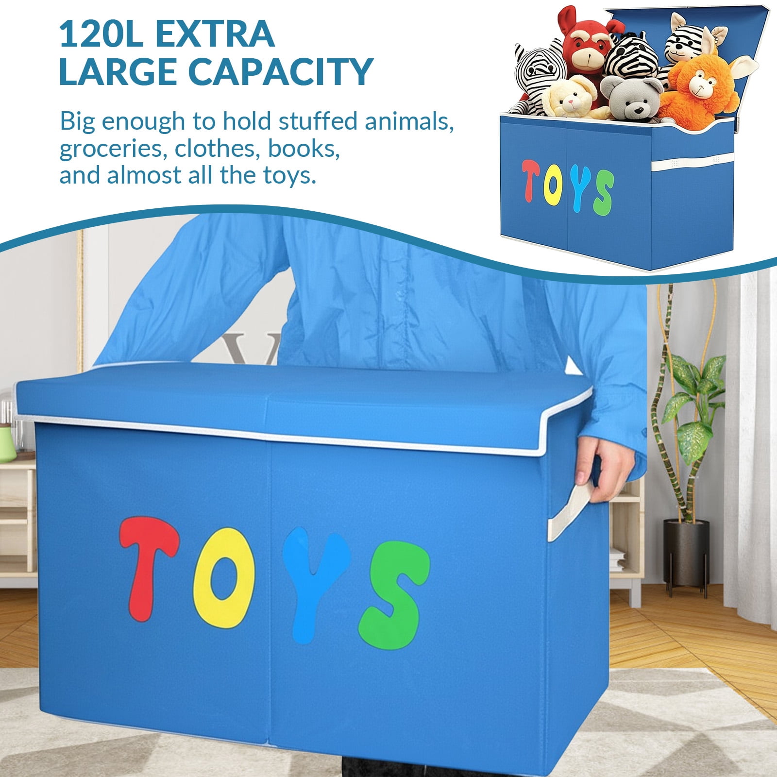 VICTORICH Extra Large Child Collapsible Toy Storage Fabric 32 gal Kids Room Toy Chest, Blue