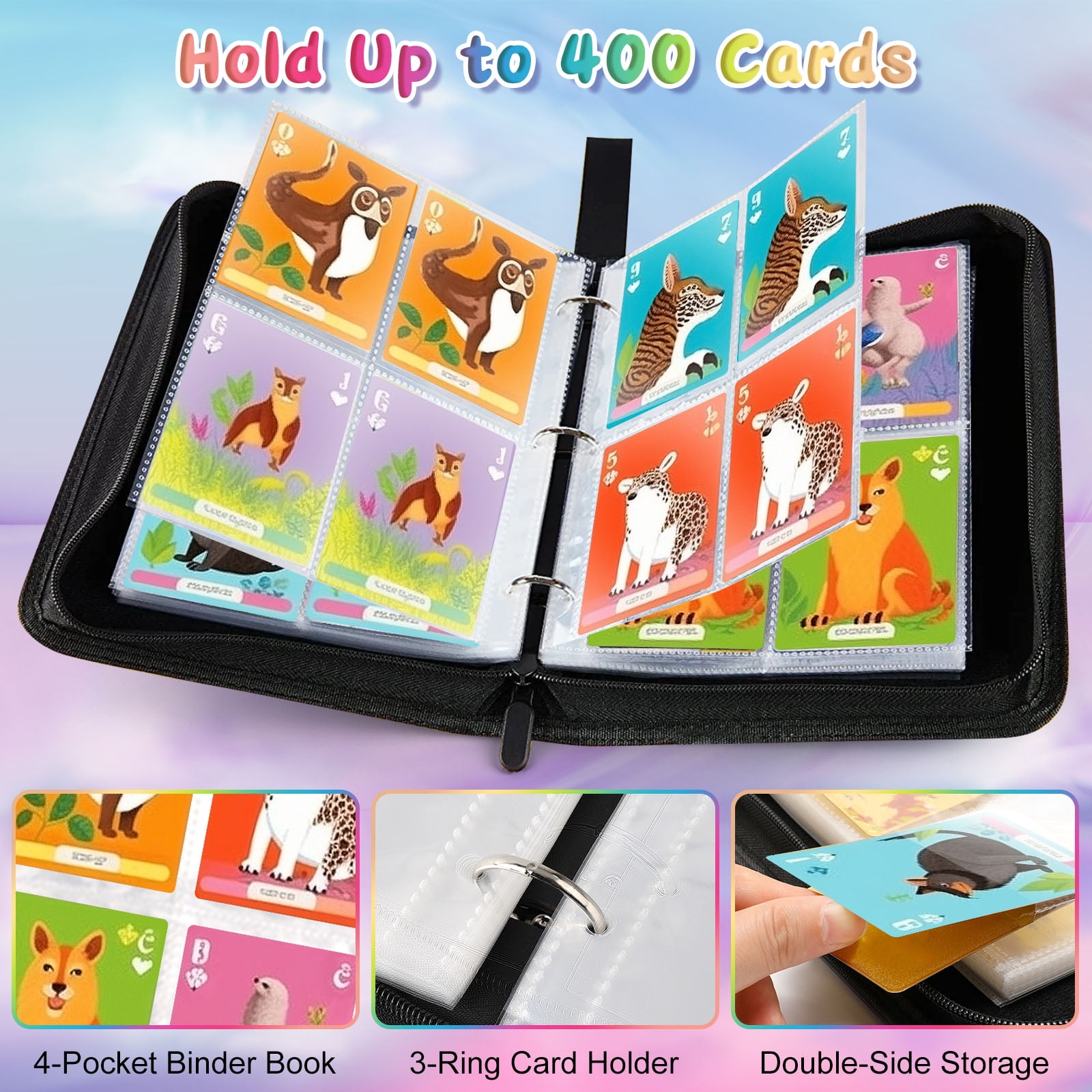 Binder for Trading Cards with Sleeves, 50Pcs 4-Pocket Pages Card Album with  Zipper Binder Case - Holds Up to 400 Cards