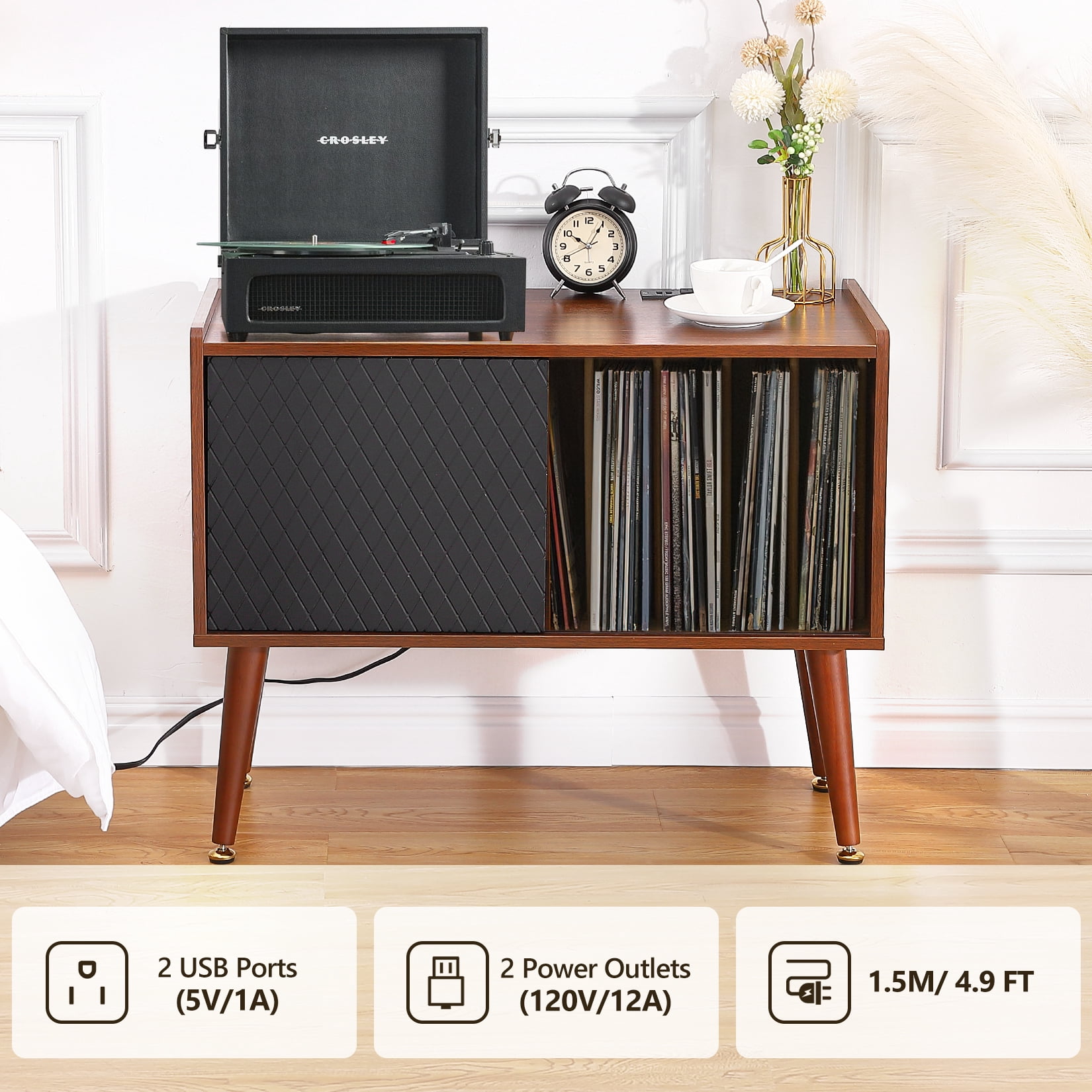 Record Player Stand with Power Outlet, Vinyl Record Storage Cabinet, Turntable Stand, Large Vintage Record Player Table Holds up to 300 Albums, Vinyl Record Cabinet for Living Room,Bedroom
